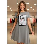 gökçesu Kadın Elbise Asimetrik Kesim Trend Baskılı Taşlı T-shirt Pamuk Penye Günlük Elbise