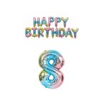 Gökkuşağı Renk Happy Bırthday ve Rakam Folyo Balon Seti Yaş 8