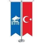 Göktürk Türk Kağanlığı Göktürkçe Bayrağı ve Türkiye -Kırlangıç - Saten T direk 2li Masa Bayrağı - Renkli