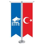 Göktürk Türk Kağanlığı Göktürkçe Bayrağı ve Türkiye -Kırlangıç - Saten T direk 2li Masa Bayrağı