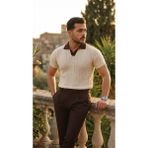 Gökyüzü Moda Erkek Desenli Kısa Kollu Triko Tişört - %100 Pamuk Akrilik - Vizon