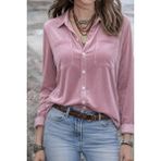 Gökyüzü Moda Kadın Uzun Kollu Yakalı Önden Düğmeli Cep Detaylı Kadife Gömlek - 2XL - 3XL - Pembe
