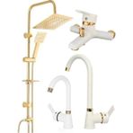 Gold Altın Kare Robot Seti, Beyaz Gold Banyo, Lavabo, Mutfak Bataryası Musluğu Çeşmesi 4'lü Set