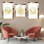 Gold Aynalı Pleksi Çerçeveli Hz Muhammed ve Allah Lafzı Üçlü Mdf Tablo Seti ve Saat Seti - 20 x 30