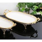 Gold Çerçeveli Oval Kulplu Porselen Büyük Boy Servis Tabağı 33×21 cm