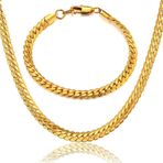 Gold Ezme Yassı Yılan Çelik Unisex Kolye Ve Bileklik Seti Eck37s