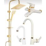 Gold Kare Robot Seti, Beyaz Gold Banyo, Lavabo, Mutfak Bataryası Çeşmesi 4’lü Set