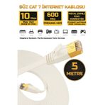 Gold Step 5 Metre BEYAZ Yassı Cat 7 Ethernet Kablosu 10 Gigabit/S 600 Mhz Premium Metal Zırhlı RJ45 Konnektör