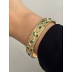 Gold Vintage Yeşil Taşlı Göz Çelik Kelepçe Bileklik - 23 - Renkli