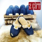 Golden Buffalo 2 Çift Ev Terliği Yünlü Misafir Çeyiz Bohça Gelin Damat Terliği - Lacivert