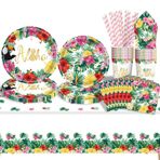 GOLDNICE Tropikal Luau parti malzemeleri flamingo parti yemek takımı seti, Hawaii kağıt tabak, peçete, fincan ve masa örtüsü, Hawaii plajı, doğum günü, parti, yemek takımı, dekorasyon için