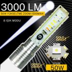 Goldorion 3000 Lm Yüksek Güç 50W Zoomlu Şarjlı El Feneri | 8 Işık Modu, Uv & Kırmızı/mavi Uyarı | Su Geçirmez - 30 W