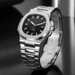 Goldwatches Çelik Kasa Kordon Siyah Kadran Erkek Kol Saati - Eşref Tek Patek Model, Fosforlu, Takvimli, Su Geçirmez, Kelebek Klips - Gümüş - Siyah
