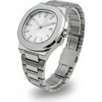 Goldwatches Patek Çelik Kasa Kordon Beyaz Kadran Erkek Kol Saati - Fosforlu, Takvimli, 1 Atm Su Geçirmez, Kelebek Klips - Gümüş - Beyaz