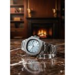 Goldwatches Patek Model Çelik Kasa Kordon Turkuaz Kadran Erkek Kol Saati - Eşref Tek Saati, Fosforlu, Takvimli, Su Geçirmez, Kelebek Klips - Turkuaz - Gümüş