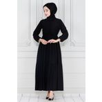 Gömlek Yaka Beli Tünelli Sare Elbise-Siyah