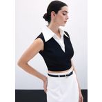 Gömlek Yaka Kısa Bluz - Siyah
