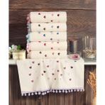 Gön Ev ve Otel Tekstili 6 Adet Kalp Nakışlı Kadife El Havlusu Ponponlu %100 Pamuk Şık Banyo Seti (50X90 Cm) - 50 x 90 cm - Çok Renkli