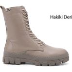 GÖNDERİ Kadın Bej Fermuarlı Kauçuk Taban Hakiki Deri Postal Bot