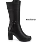 GÖNDERİ Kadın Siyah Fermuarlı Kalın Topuklu Hakiki Deri Çizme