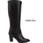 GÖNDERİ Kadın Siyah Sivri Burun Kalın Topuklu Hakiki Deri Çizme
