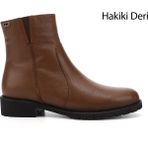 Gönderi® Kadın Taba Floter Fermuarlı Kauçuk Taban Hakiki Deri Bot - Koyu Taba