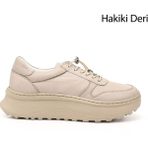 Gönderi(r) Kadın Bej Lastik Bağcıklı Comfort Dolgu Taban Hakiki Deri Sneaker
