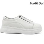 Gönderi(r) Kadın Beyaz Lastik Bağcıklı Comfort Dolgu Taban Hakiki Deri Sneaker - 001-Beyaz