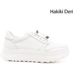 Gönderi(r) Kadın Beyaz Lastik Bağcıklı Comfort Dolgu Taban Hakiki Deri Sneaker