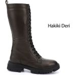 Gönderi(r) Kadın Haki Antik Fermuarlı Kalın Topuklu Hakiki Deri Postal Çizme - Antik Haki