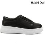 Gönderi(r) Kadın Siyah Lastik Bağcıklı Comfort Dolgu Taban Hakiki Deri Sneaker