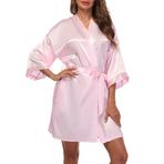 GoodmanShop Kadın Saten Kimono Bornoz Kısa İpeksi Bornoz Düz Renk/Çiçekli Gelin Düğün Parti, Açık Pembe, XL