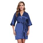 GOODSALEOK Kadınlar için ipeksi saten elbise hafif kısa Kimono pijama gelin nedime pijama yumuşak gecelik, Koyu Mavi, S