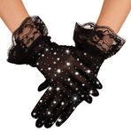 GORTIN Rhinestone dantel eldiven siyah tül opera çay parti eldivenleri balo kostüm eldiven cadılar bayramı Cosplay kısa eldiven kadınlar için, Siyah, Tek Beden