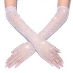 GORTIN Rhinestone Fishnet uzun eldiven Glitter örgü eldiven dirsek uzunluğu Rave eldiven cadılar bayramı opera kostüm eldiven kadınlar için, Beyaz, Tek Beden