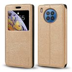 Görünmez Mıknatıslı Görüntü Pencereli PU Deri Kapak Kılıf Huawei Honor 50 Lite ile Uyumlu, Akıllı Ekranlı Koruyucu Telefon Kılıfı (Altın)