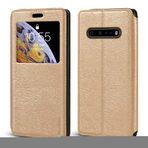 Görünmez Mıknatıslı Görüntü Pencereli PU Deri Kapak Kılıf LG V60 ThinQ 5G ile Uyumlu, Akıllı Ekranlı Koruyucu Telefon Kılıfı (Altın)