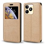 Görünmez Mıknatıslı Görüntü Pencereli PU Deri Kapak Kılıf OPPO Realme Note 50 4G ile Uyumlu, Akıllı Ekranlı Koruyucu Telefon Kılıfı (Altın)