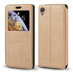 Görünmez Mıknatıslı Görüntü Pencereli PU Deri Kapak Kılıf Sony Xperia X F5121 ile Uyumlu, Akıllı Ekranlı Koruyucu Telefon Kılıfı (Altın)