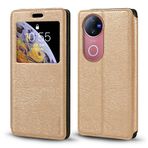Görünmez Mıknatıslı Görüntü Pencereli PU Deri Kapak Kılıf Vivo V50 5G V2427 ile Uyumlu, Akıllı Ekranlı Koruyucu Telefon Kılıfı (Altın)