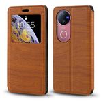 Görünmez Mıknatıslı Görüntü Pencereli PU Deri Kapak Kılıf Vivo V50 5G V2427 ile Uyumlu, Akıllı Ekranlı Koruyucu Telefon Kılıfı (Kahverengi)