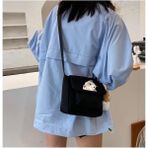 Gossip Team Naughty Cat Baskılı Cep Detaylı Unisex Kanvas Siyah Omuz Çantası