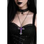 Gotik Haç Kolye Mor Detaylı Metal Unisex Zincirli Kolye