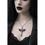 Gotik Kırmızı Kanatlı Kurukafa Detaylı Haç Kolye Unisex Metal Zincir