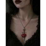 Gotik Kuru Kafa Kılıç Kalp Kolye Kırmızı Detaylı Metal Zincir Unisex