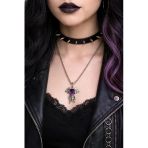 Gotik Kuru Kafa Mor Kalp Detaylı Kanatlı Kolye Gümüş Renk Unisex