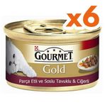 Gourmet 6x85 gr Gold Parça Etli Soslu Tavuklu Ciğerli Kedi Konservesi