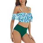GoyRrbay Kadınlar Iki Parçalı Yüksek Belli Fırfır Bikini Set Kapalı Omuz Mayo Karın Kontrol Mayo, Yeşil Yapraklar, 3XL