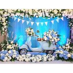 Göz Alıcı Mavi Çiçeklerle Süslenmiş Vespa Arka Plan 200X150CM Stüdyo Fonu
