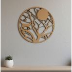 Gözeler Boyanabilir Kedi ve Ağaç Temalı Ay Gece Manzarası 5mm Mdf Lazer Kesim Dekoratif Duvar Panosu, 25CM - . - Natural